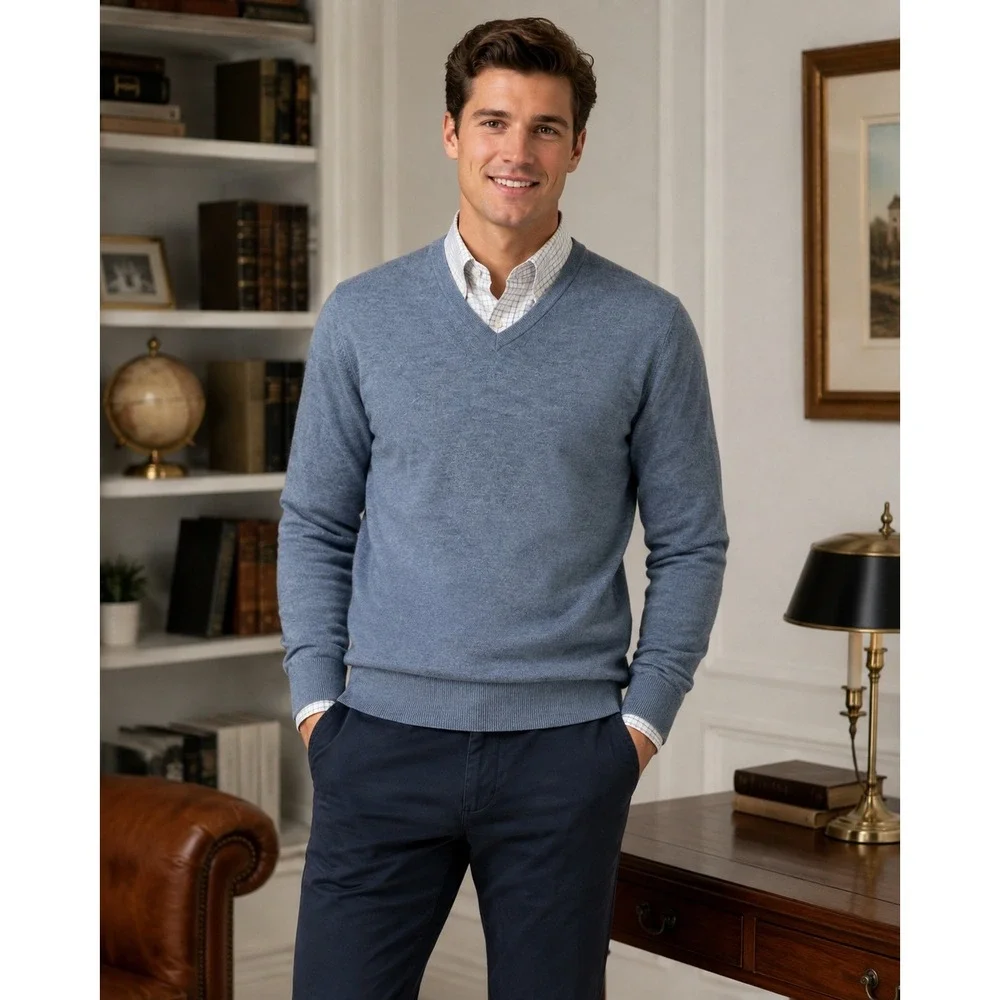 Banana Republic Men's Medium Extra Fine Merino Wool V Neck Pullover Blue Sweater